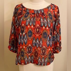 A.N.A. Orange Blue Geometric Wide Keyhole Back Long Sleeve Casual Top Size Large